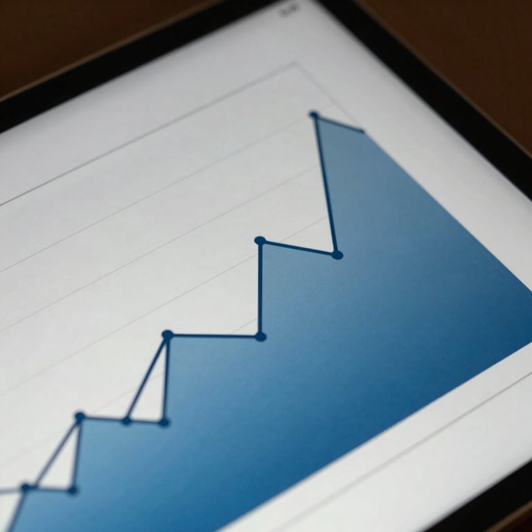 A detailed macro shot of a tablet displaying analytical growth graphs in light blue and dark blue shades.
