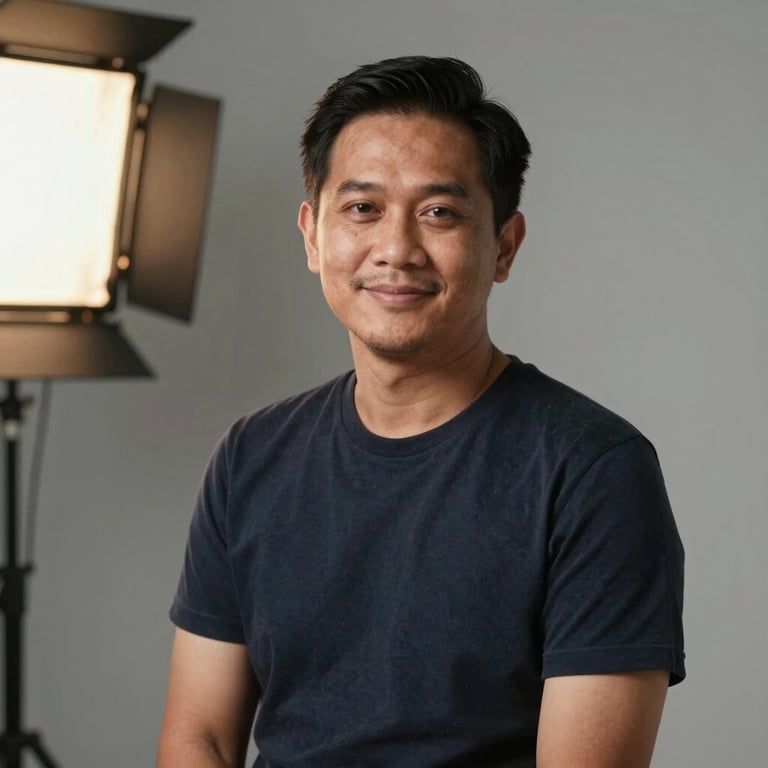 A professional portrait of a Southeast Asian content creator in a stylish Indonesian studio with soft lighting.