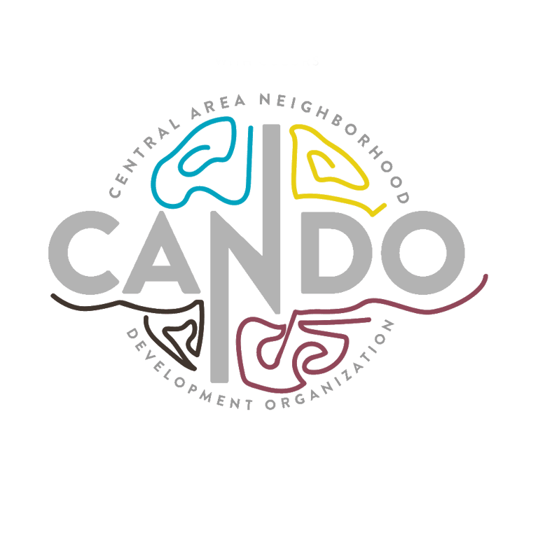 CANDO logo for the Central Area Neighborhood Development Organization featuring colorful abstract map shapes.