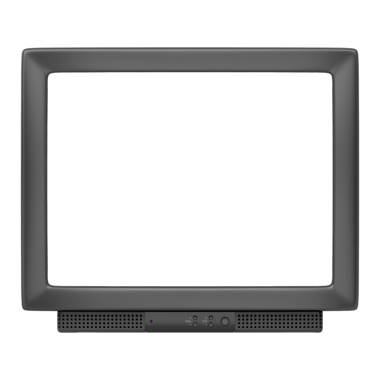 Vintage black CRT television monitor with control buttons and speaker grille isolated on black.