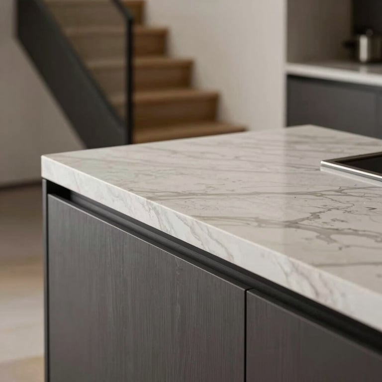 A detailed shot of a premium architectural feature, like a modern staircase or a luxury kitchen countertop.