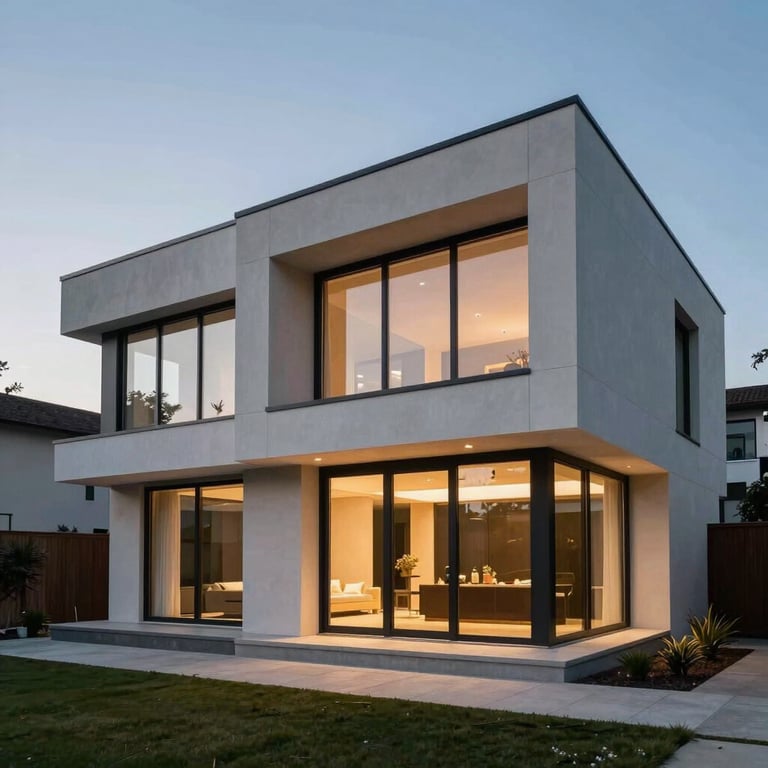 Exterior of a luxury contemporary house with clean lines and large glass windows under a twilight sky.