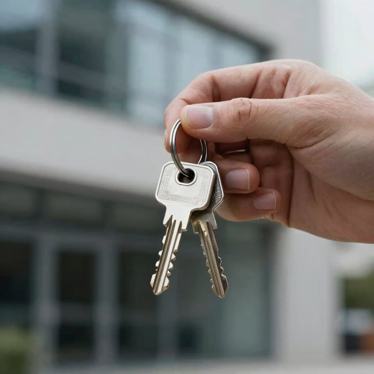 Close-up of a pair of hands holding a set of silver house keys in front of a blurred modern facade.