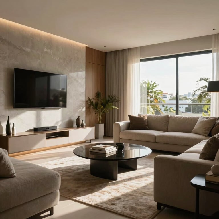 A sunlit modern apartment living room in Brazil, stylish furniture, high-end real estate photography.