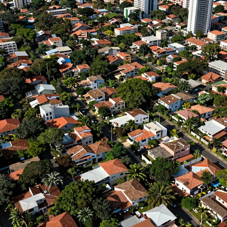 An aerial view of an upscale residential neighborhood in a South American city, lush greenery and modern houses.