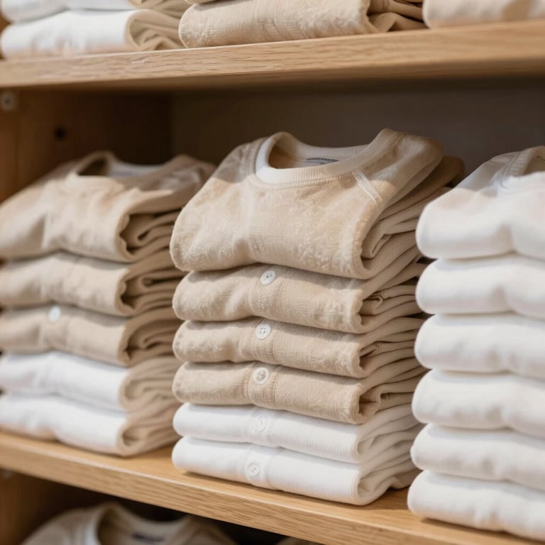 A collection of high-quality children's clothes in soft beige and white, neatly folded on a wooden shelf.