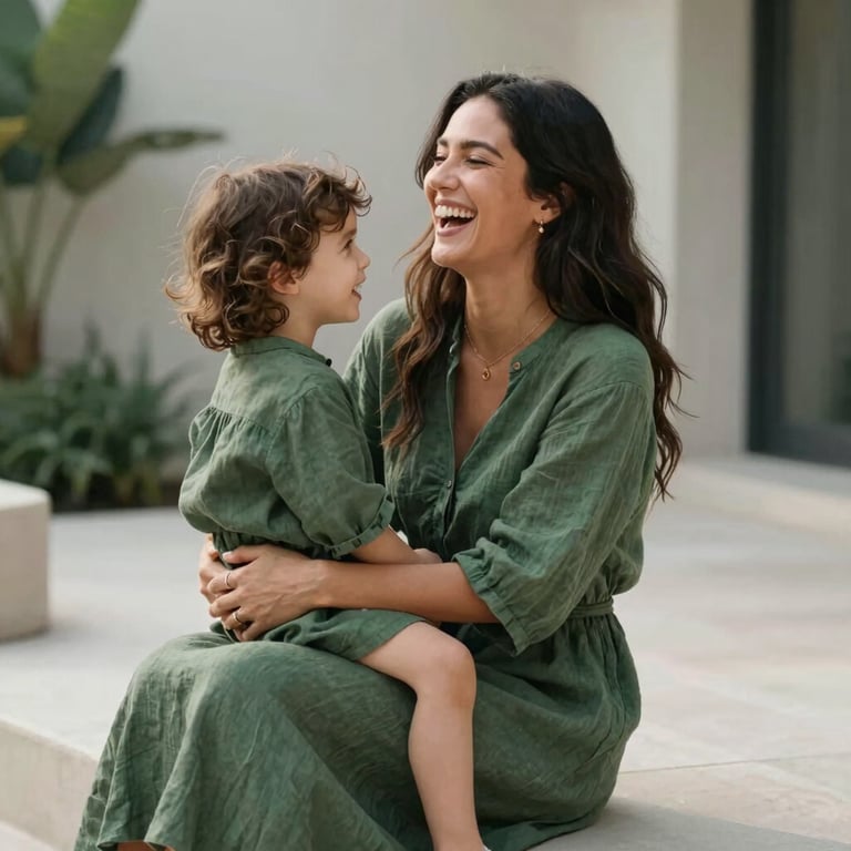 A parenting influencer in a deep sage green linen dress laughing with her child in a modern, minimal garden setting.