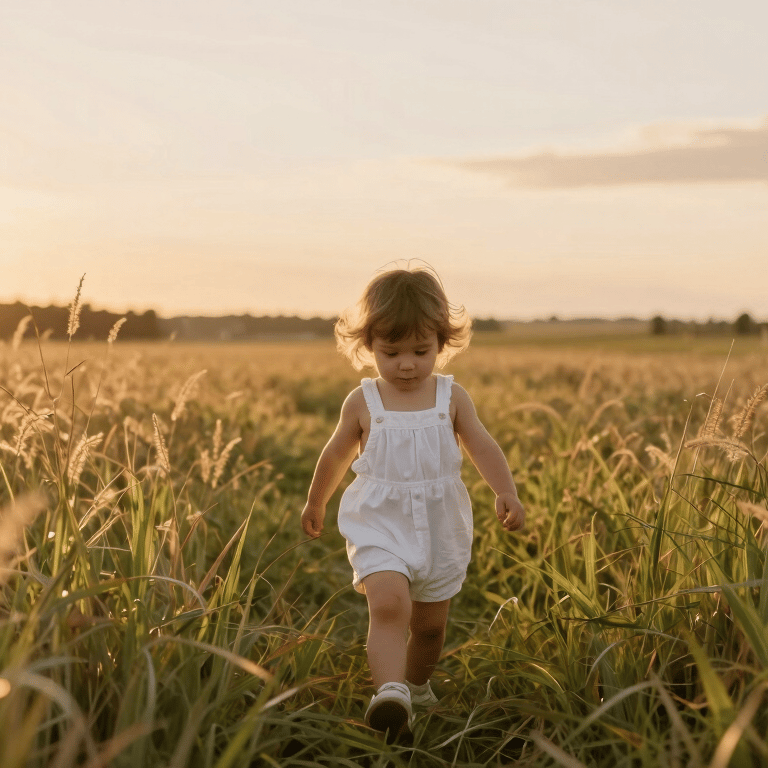 A close-up of a newborn wearing a soft beige organic cotton romper, lying on a white textured blanket in soft, natural light.