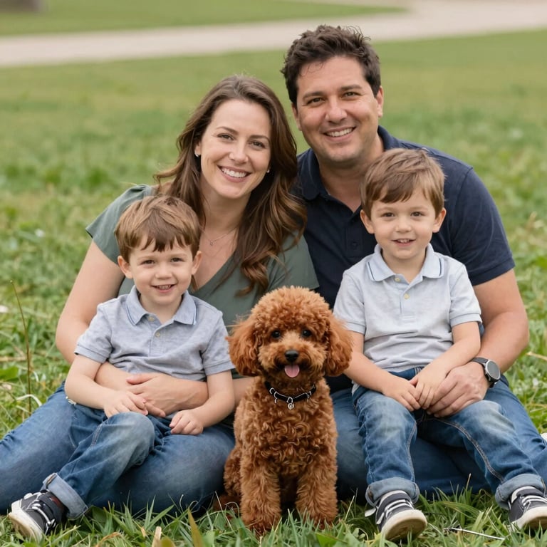 couple with two children and a young, red poodle