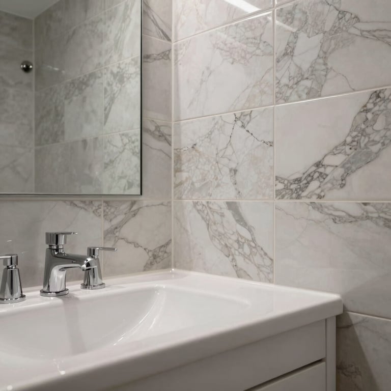 A luxury bathroom remodel featuring elegant tile work and modern fixtures with a Silver and Off-White color scheme.