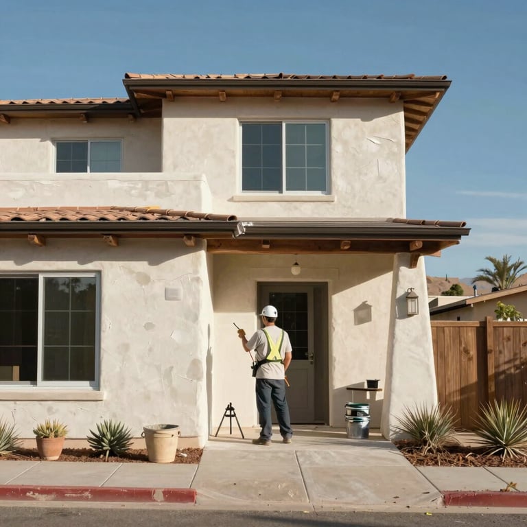 A professional exterior painting project on a contemporary stucco house under the bright New Mexico sun.