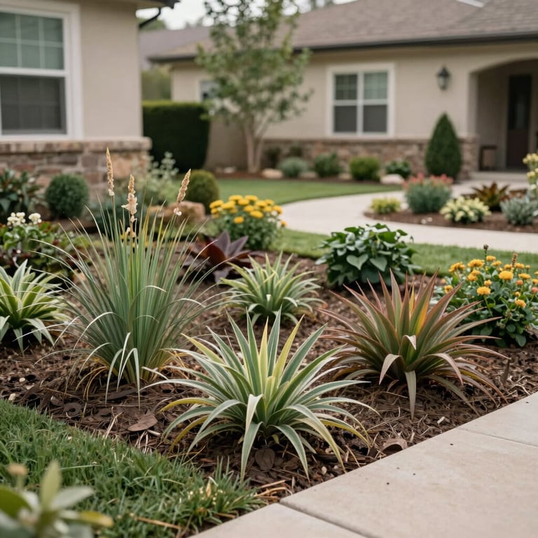 Beautiful residential landscaping including garden cleanup and drought-resistant plants in a North American yard.