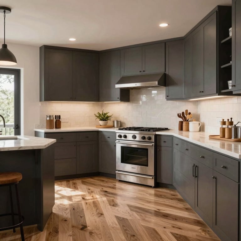 A stunningly remodeled modern kitchen with new flooring and cabinetry in a North American / New Mexican home style.