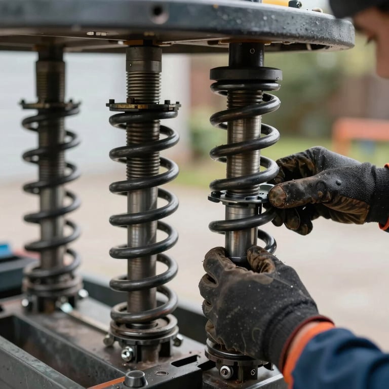 Expert replacement of garage door torsion springs, showing detailed mechanical work and professional tools.