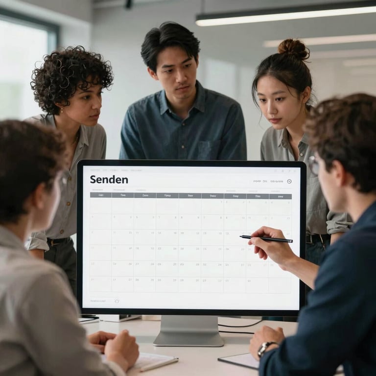A group of diverse professionals in a sleek office environment collaborating over a content calendar for a restaurant.