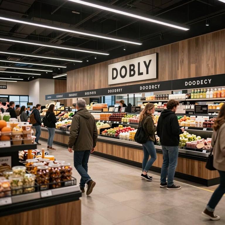 A stylish modern food market interior in North America with shoppers and clean, professional branding displays.
