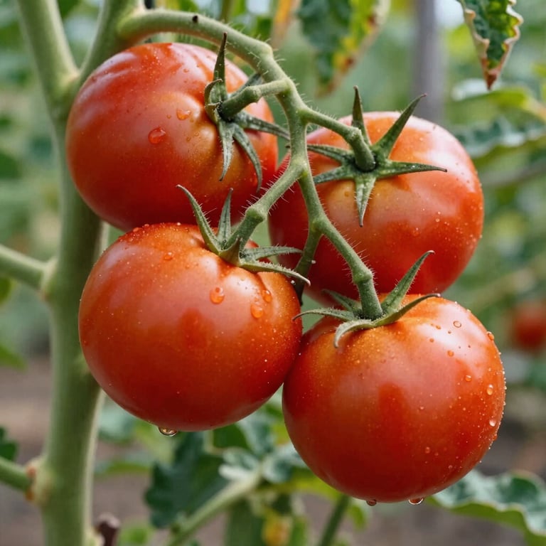 Macro shot of Deep Ripe Crimson tomatoes still on the vine in a sunny North American / US garden.