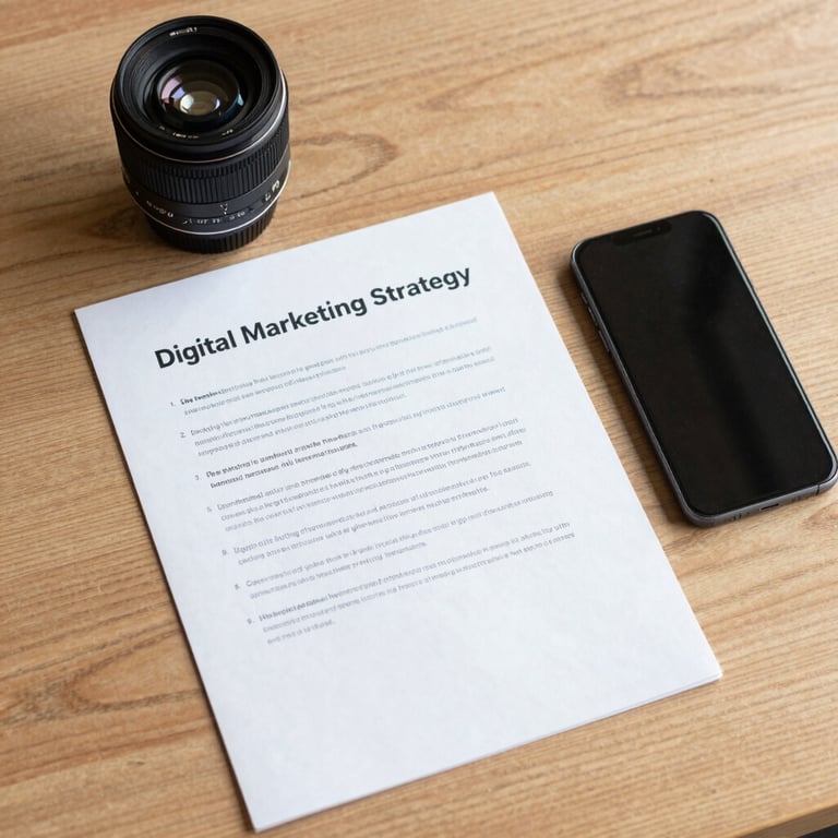 A flat lay of a digital marketing strategy document and a smartphone on a Crisp Parchment colored wooden table.