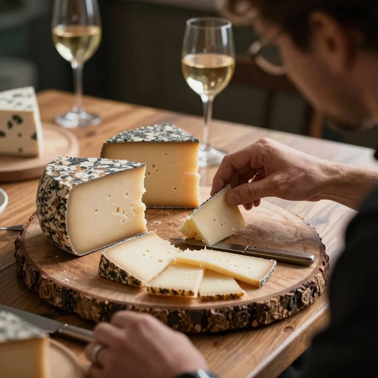 Behind-the-scenes photography of a creative director styling a rustic artisanal cheese board for a photoshoot.