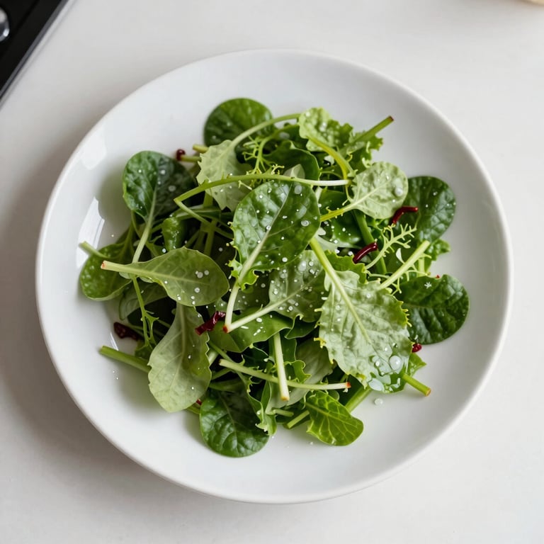 A top-down view of a healthy salad with vibrant greens on a minimalist white plate in a bright North American / US kitchen.