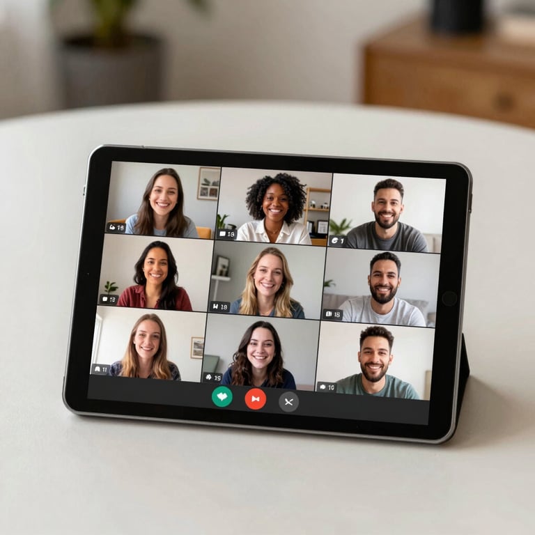 A tablet displaying a friendly group video chat interface on a soft off-white table in a cozy North American / US home environment.