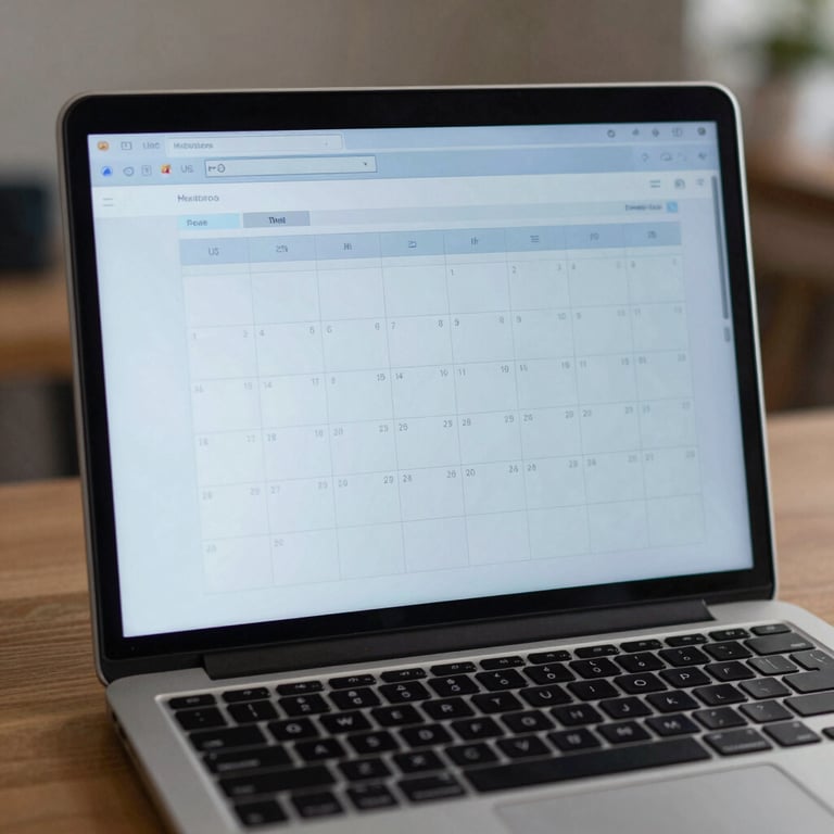 Close-up of a laptop screen showing a calm, blue-toned calendar and task list in a modern North American / US home office.
