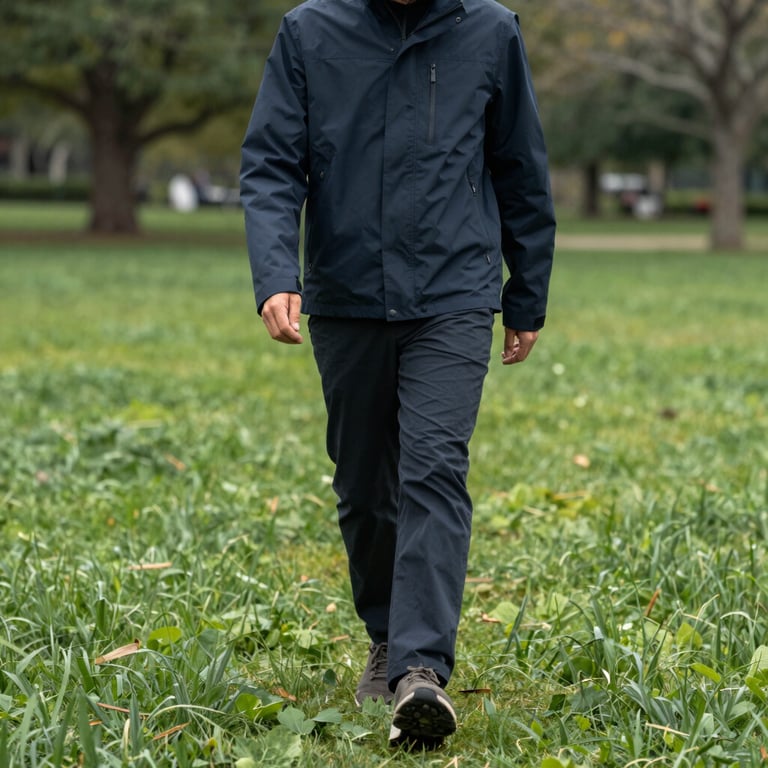 A person wearing a dark slate navy jacket walking through a beautiful, green North American / US public park.