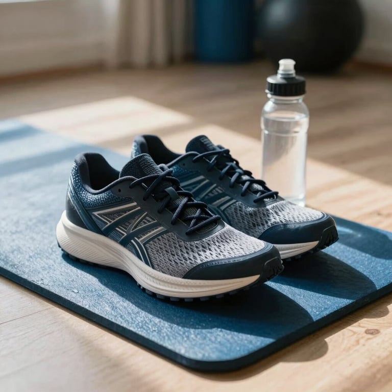 A pair of modern running shoes and a water bottle on a slate blue gym mat in a sunlit North American / US home fitness space.