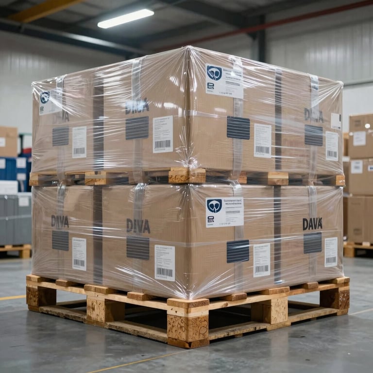 A sharp, high-contrast shot of bulk premium electronic cargo securely wrapped on wooden pallets inside a modern bright tech logistics hub.