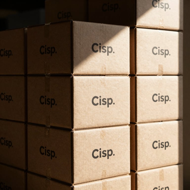Crisp, minimal retail-ready wholesale boxes stacked in geometric order with sharp contrast lighting, Global / North American commercial aesthetic.
