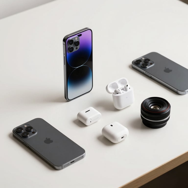 Artistic minimalist layout of bulk high-end phones and wireless accessories against a clean, off-white tech workspace backdrop.