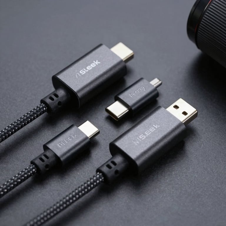 Sleek and premium black USB-C fast charging blocks and braided cables organized on a clean dark gray surface.