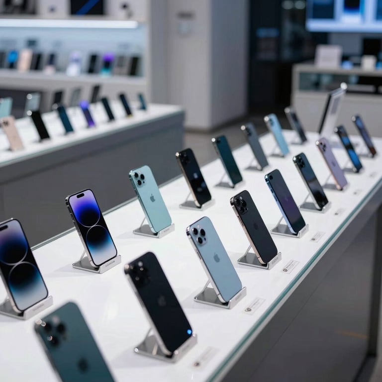 Rows of brand new smartphones meticulously displayed in a high-end glass wholesale showroom with cool white and blue ambient glows.