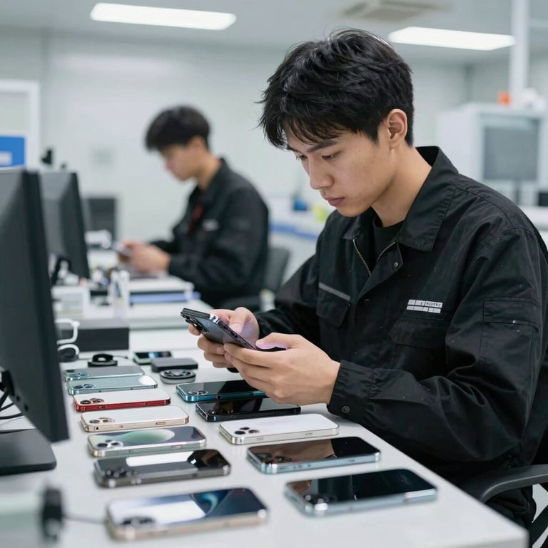 A professional wholesale technician in black technical gear inspecting a pristine batch of premium high-end smartphones in a high-tech facility.