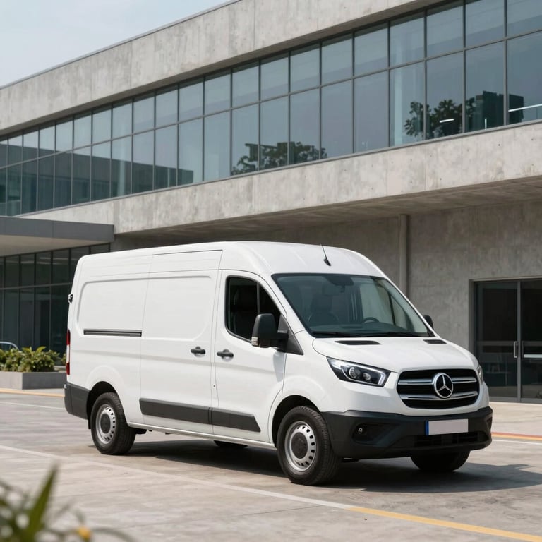 A premium white delivery van parked outside a sleek, modern concrete and glass warehouse building in a Global corporate business park.