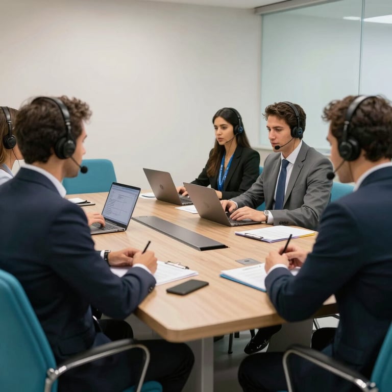 A team meeting in a bright Brazilian conference room with celadon blue chairs, focusing on customer service metrics.