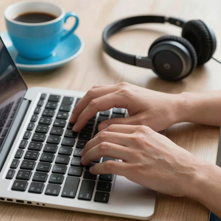 Close-up of hands typing on a modern keyboard next to a headset, with a cup of coffee and powder blue accents.