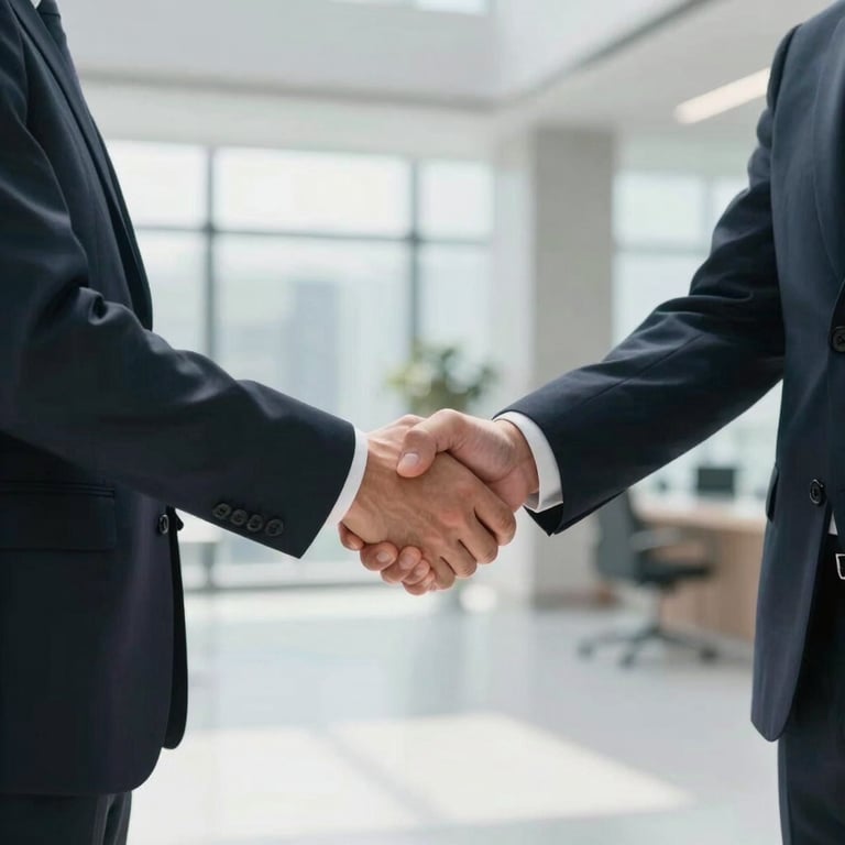 A professional handshake between two business partners in a bright office lobby, wearing formal attire.