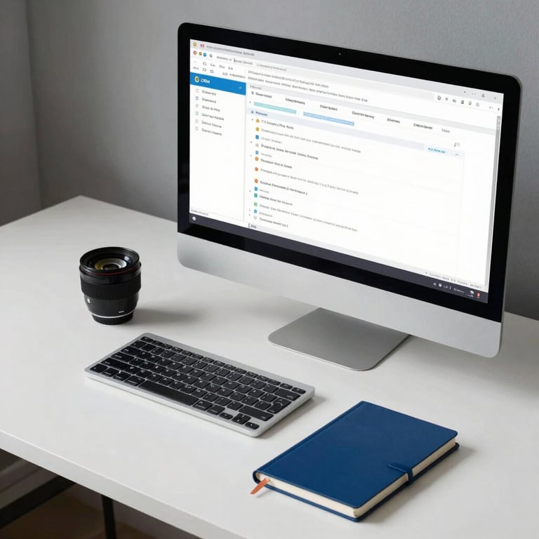 Detailed shot of a clean, minimalist workstation featuring a computer screen showing a CRM dashboard and a prussian blue notepad.