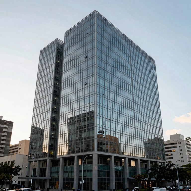 An architectural shot of a modern glass office building in a South American business district during the day.