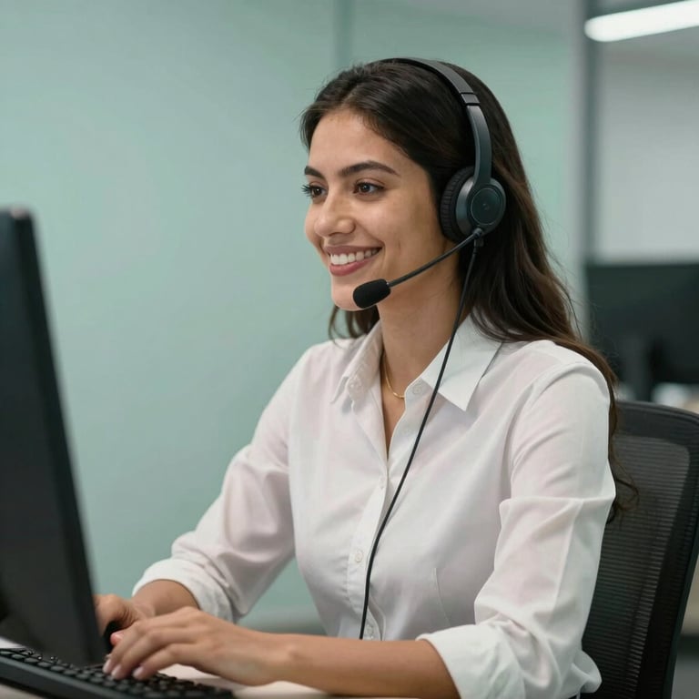 A professional South American / Brazilian attendant smiling while wearing a headset, seated in a modern office with honeydew walls.