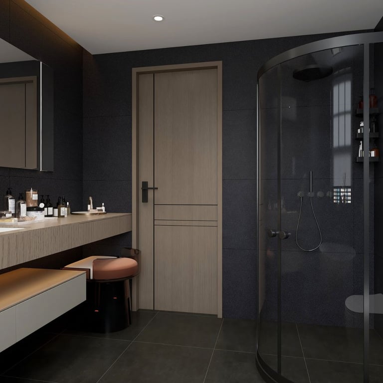 FayNza : Salle de bain luxe parisien à l'ambiance cosy, douche italienne sous verrière cuivrée.