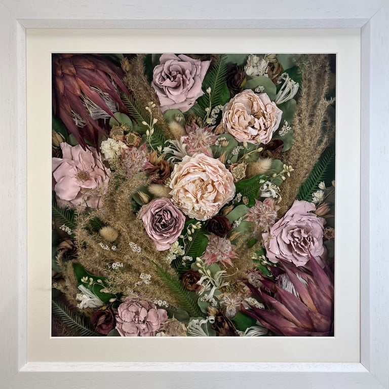 Flower Wall preserved wedding bouquet in a thin white frame