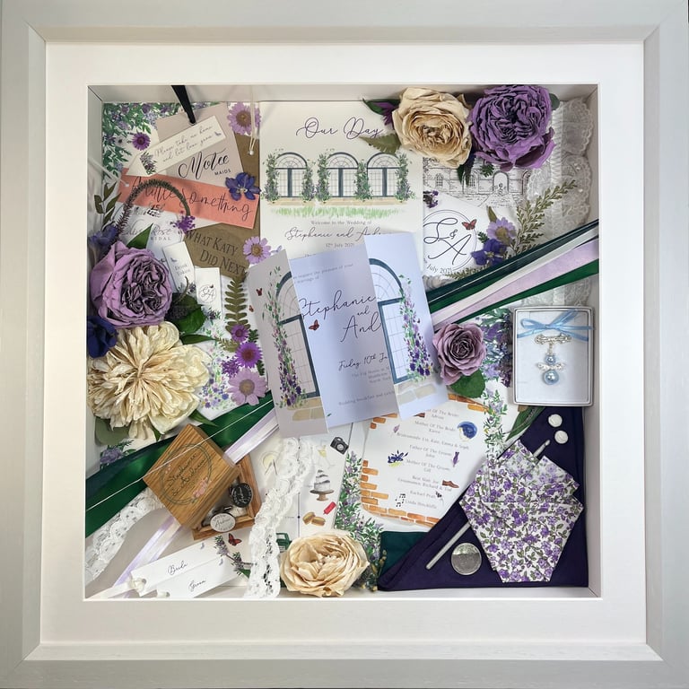 a memory box with keepsakes and a preserved wedding bouquet in a frame