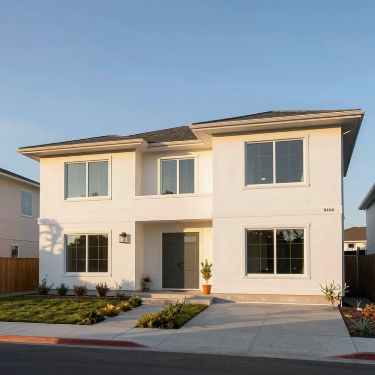 Bright modern residential home exterior in Sandy, Utah, golden hour lighting, crisp architectural photography