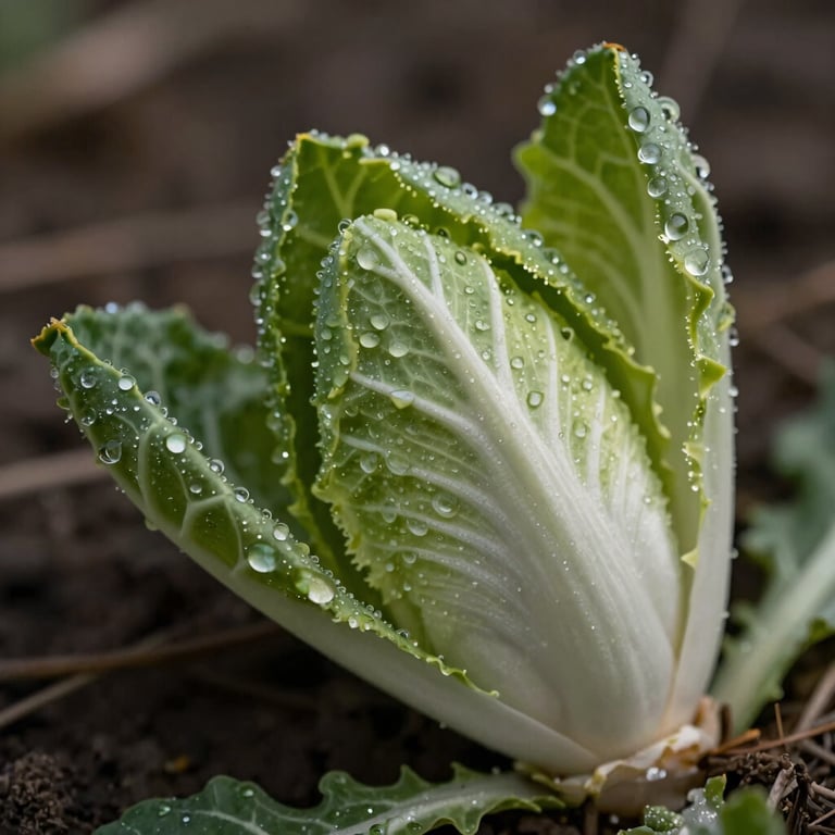 Macro shot of fresh morning dew on heirloom chicory leaves, natural directional light, dark earthy background.