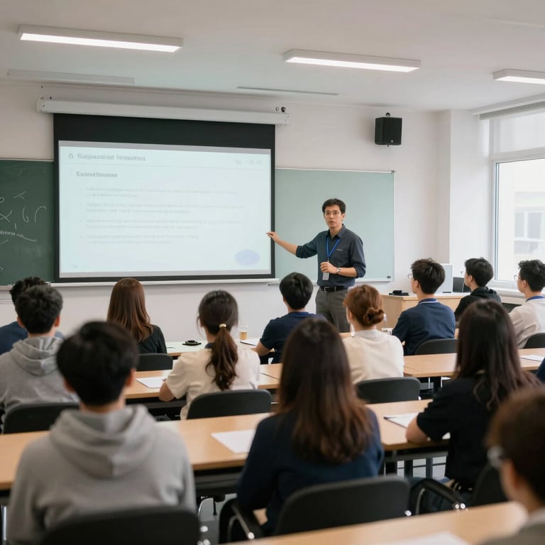 A safety training session in a bright modern classroom in Italy, professional instructors using a screen, attentive adult students.