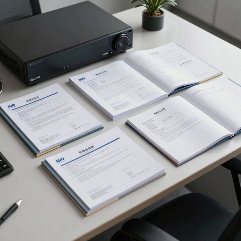 Technical documentation folders including DVR and ISO certificates neatly arranged on a modern office desk.