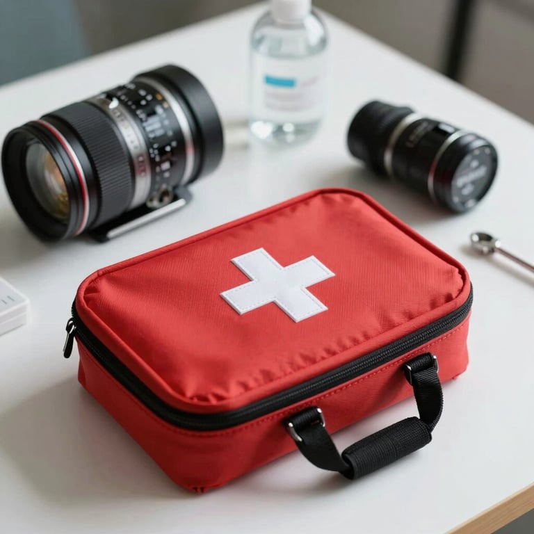 Close-up of a first aid kit and professional medical training equipment on a clean white table.