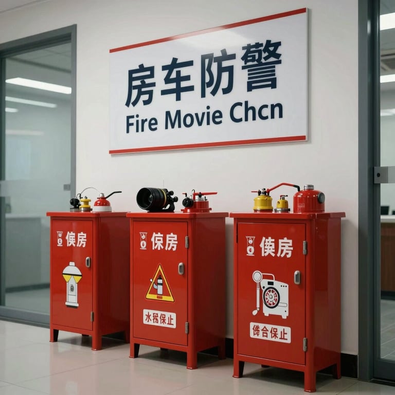 A collection of fire safety equipment and clear signage in a professional corporate hallway.